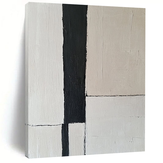 Contemporary abstract artwork features an off-white wall with a striking black vertical stripe, embodying the essence of minimalism through simple lines. DLZ1318