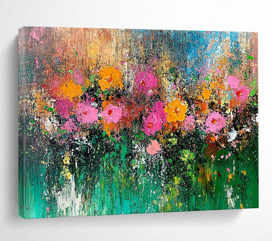 “Wildflower Symphony” - Pink, orange, yellow, green; Thick, textured blooms in a vibrant field; Impasto Floral Oil Painting On Canvas HB1172