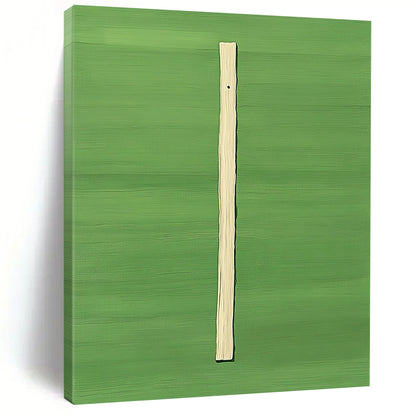 Contemporary abstract artwork featuring a vertical wooden stick against a vibrant green background in a style reminiscent of David Hockney. DLZ1301