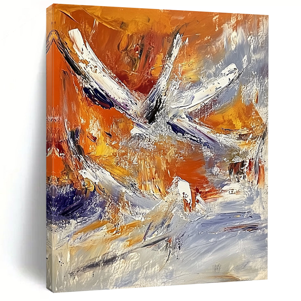Contemporary abstract painting showcases vibrant orange and white hues with expressive brushstrokes and heavy impasto texture, evoking a captivating flight to space. DLZ0864