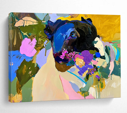 “Colorful Dog with Flowers” - Black dog, colorful flowers, vibrant background, Expressive Animal Painting On Canvas HB0600