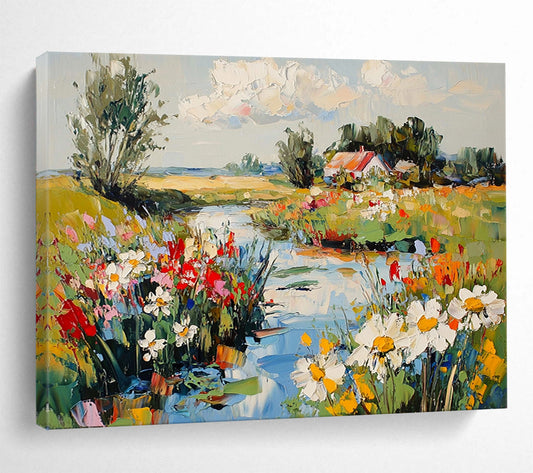 Charming Countryside Stream with Flowers - Idyllic Landscape Painting On Canvas HB0453