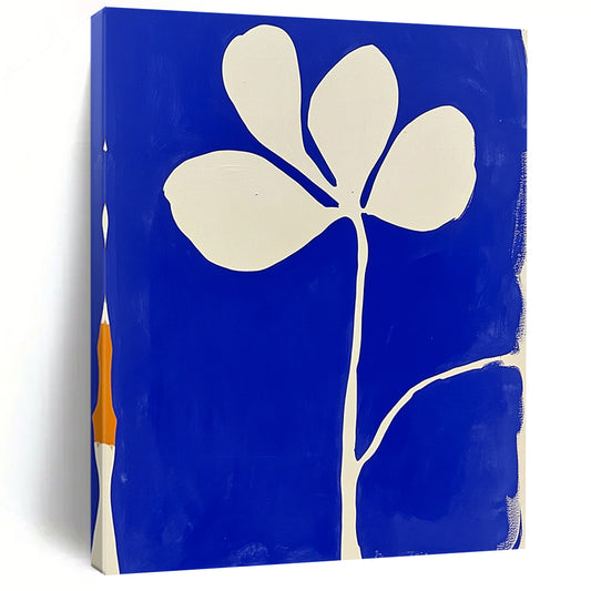 Large contemporary abstract painting featuring blue and white minimalist flower shapes in the style of Matisse with block print aesthetics. DLZ1154