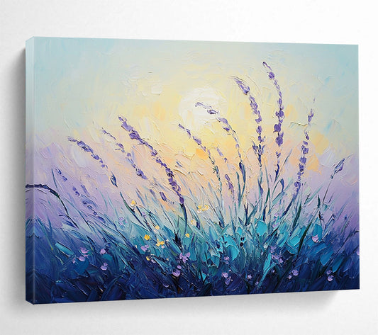 “Lavender at Dusk” - Purples, Blues, Yellows, Lavender Field - Textured Oil Painting HB1568
