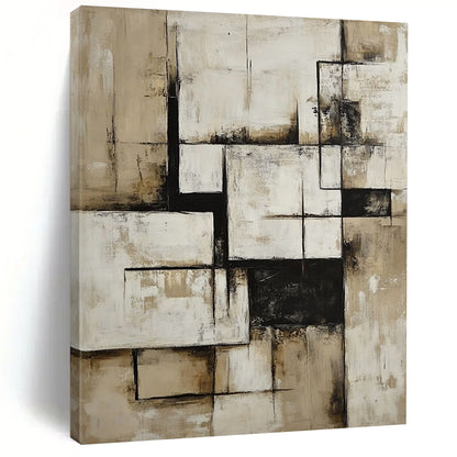 Contemporary hand-painted abstract art in neutral beige and white features geometric shapes and bold black accents for a striking visual impact. DLZ0849