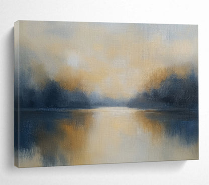 “Misty Lake at Dawn” - Greys, Yellows, Blues, Foggy Lake - Minimalist Oil Painting HB1569