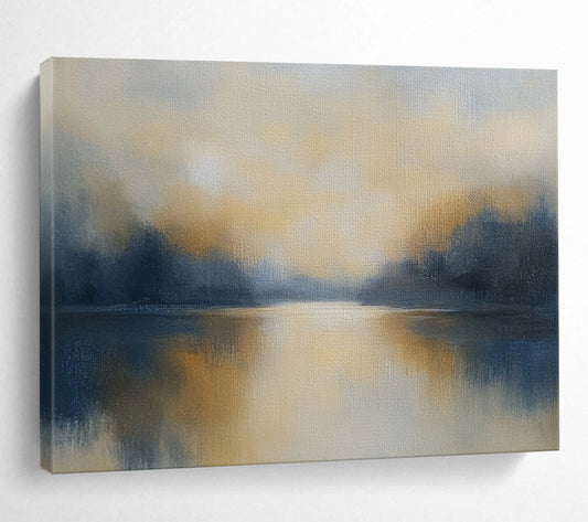 “Misty Lake at Dawn” - Greys, Yellows, Blues, Foggy Lake - Minimalist Oil Painting HB1569