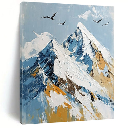 Contemporary abstract painting depicting Mount Everest's summit with flying birds, featuring a serene palette of white, blue, and gold. DLZ0493