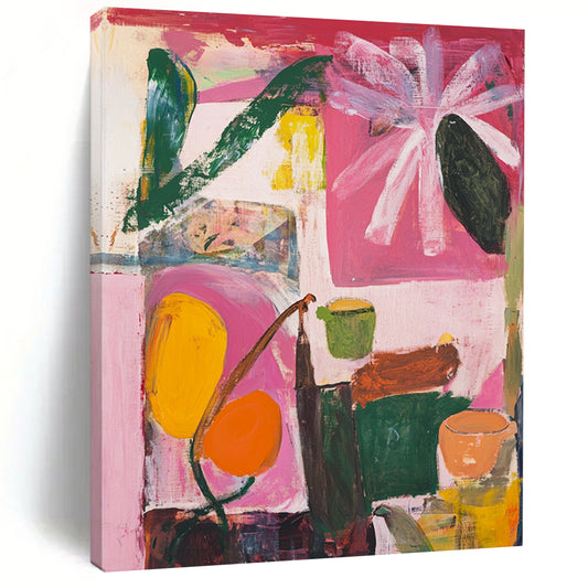 Contemporary abstract art features floral shapes in pink green and yellow against a light red background with a window and muted brown edges. DLZ0989