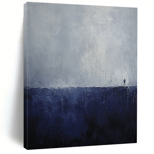 Large contemporary abstract painting featuring dark blue and gray tones minimalist landscape evoking loneliness and mystery with an endless horizon and heavy rain effect. DLZ0738
