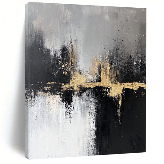Contemporary abstract artwork featuring textured black and white brush strokes with gold accents capturing a serene cityscape atmosphere in neutral tones. DLZ0317