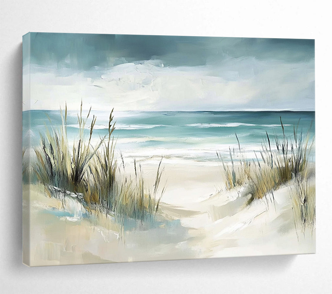“Beach Path With Grasses” - Teal, Beige, Impressionist Beach Scene On Canvas HB0698