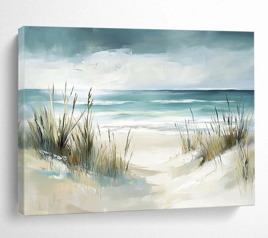 “Beach Path With Grasses” - Teal, Beige, Impressionist Beach Scene On Canvas HB0698