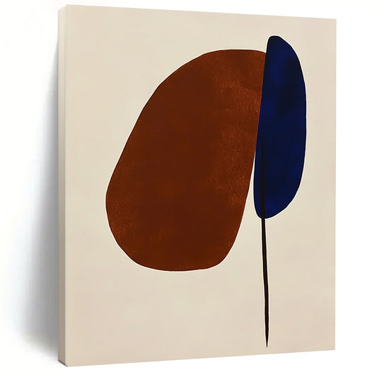 Contemporary hand-painted abstract art featuring simple brown and blue shapes on white, highlighting an oval and a space-inspired petal in a minimalist style. DLZ1310