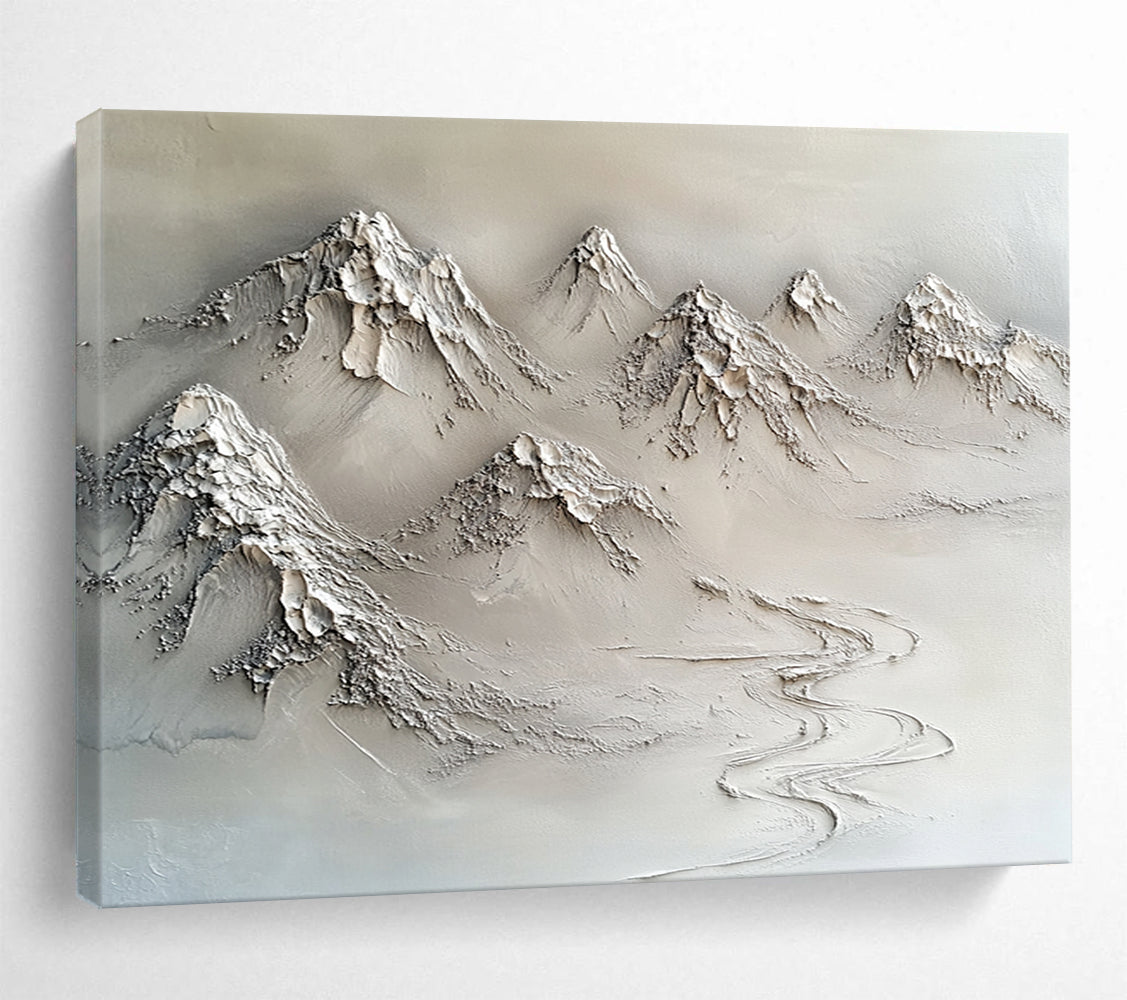 “Textured Mountain Range” - Neutral Grays, Beiges, Textured Mountain Landscape - 3D Relief Sculpture Painting HB1751