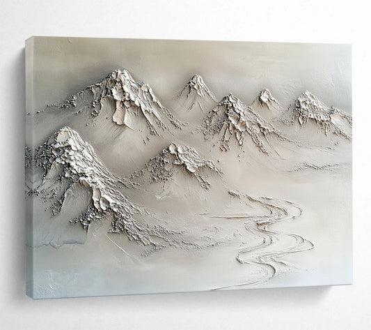 “Textured Mountain Range” - Neutral Grays, Beiges, Textured Mountain Landscape - 3D Relief Sculpture Painting HB1751