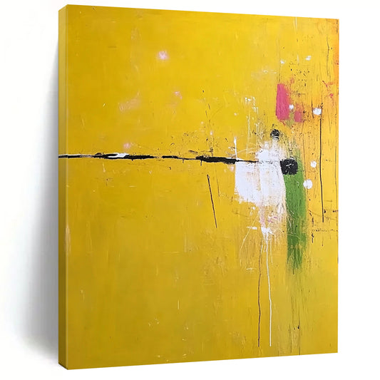 Contemporary large abstract painting featuring vibrant yellow shades with subtle white and green accents adds sophistication to any space. DLZ1296