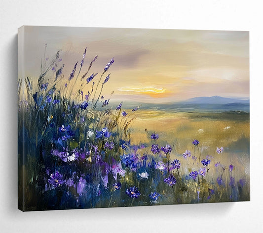 “Purple Wildflower Sunset” - Purple, Yellow, Blue, Wildflowers and Sunset Landscape Painting On Canvas HB0946
