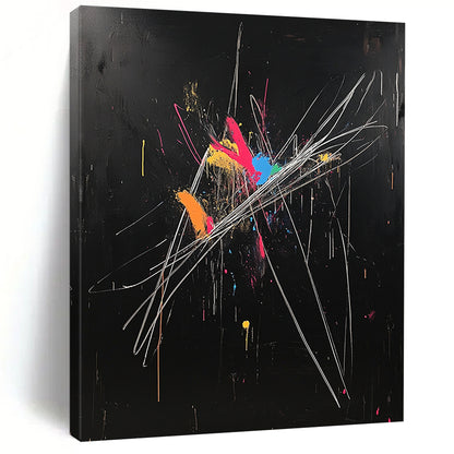 Black, Colorful Blobs, White Strokes "Dynamic Fusion" Abstract Painting On Canvas HB022