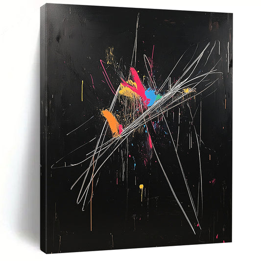 Black, Colorful Blobs, White Strokes "Dynamic Fusion" Abstract Painting On Canvas HB022