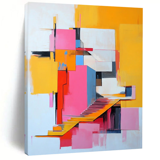 Vibrant contemporary abstract art featuring a pink and yellow building with stairs, inspired by modern artistic expressions. DLZ1377
