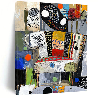 Contemporary abstract painting showcasing vibrant colors and dynamic textures evoking a stylized chair through circles and swirls. DLZ1367