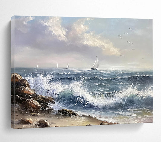 “Sailing Serenity” - Blues, Whites, Greys, Sailboats at Sea - Realist Oil Painting HB1605