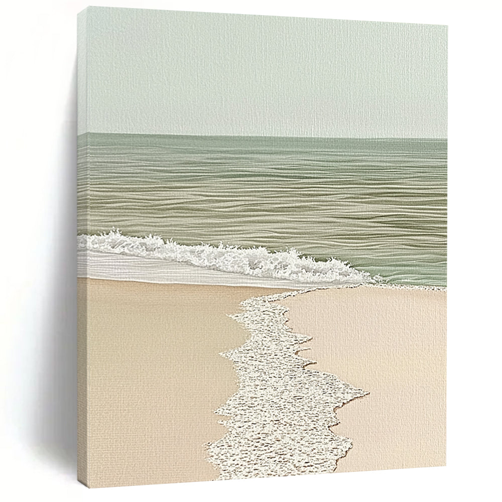 Contemporary abstract painting showcases a detailed watercolor seascape with a sandy edge in soothing beige and light green tones. DLZ1444