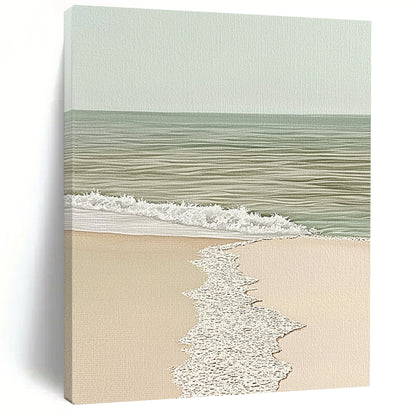 Contemporary abstract painting showcases a detailed watercolor seascape with a sandy edge in soothing beige and light green tones. DLZ1444