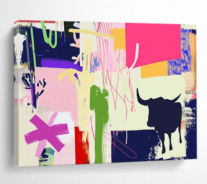 “Colorful Collage with Bull Silhouette” - Colorful Palette, Collage with Bull Shape Painting On Canvas HB0862