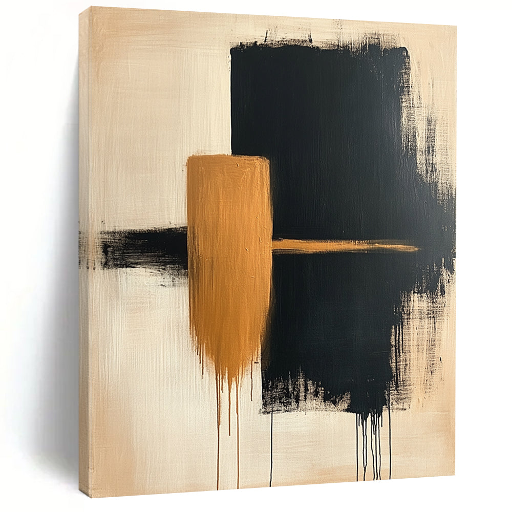 Contemporary hand-painted abstract artwork featuring simple beige and black shapes on canvas with a textured finish. DLZ0533