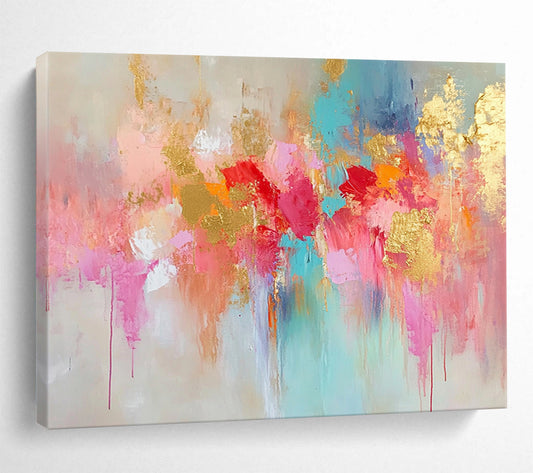 “Pink Gold Blue Abstract Drips” - Pink, gold, blue, beige; Abstract drips with gold highlights HB1290