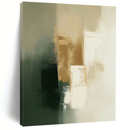 Contemporary abstract painting features soothing sage green and white tones with elegant gold accents for a tranquil atmosphere. DLZ0879