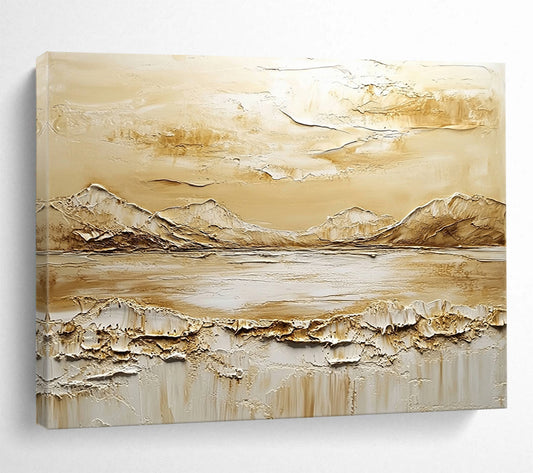 “Earthy Tones Textured Landscape” - Beige, Brown, White, 3D Mountain - Lake Abstract Painting On Canvas HB0982