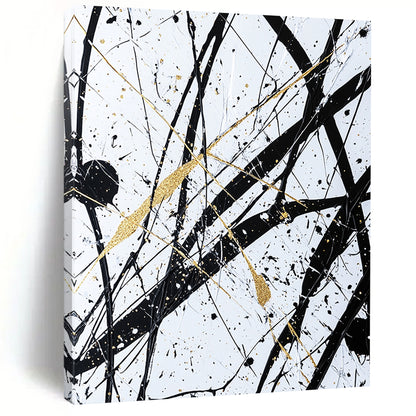 Black, White, Gold, Intertwined Lines "Gilded Chaos" Abstract Expressionist Painting On Canvas HB047