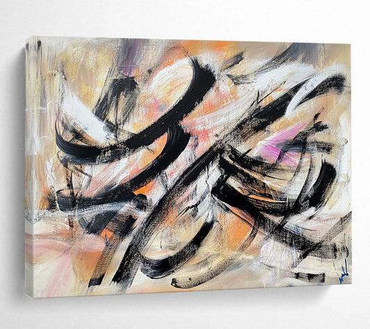 “Colorful Abstract Swirls” - Black, White, Orange, Pink, Purple, Fluid Brushstrokes - Acrylic Painting HB1628