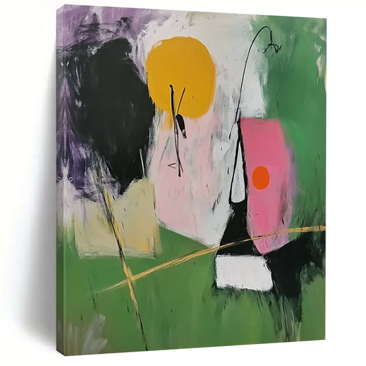 Contemporary abstract painting featuring simple shapes in green and pink with black lines and a central figure holding golden sticks. DLZ0683