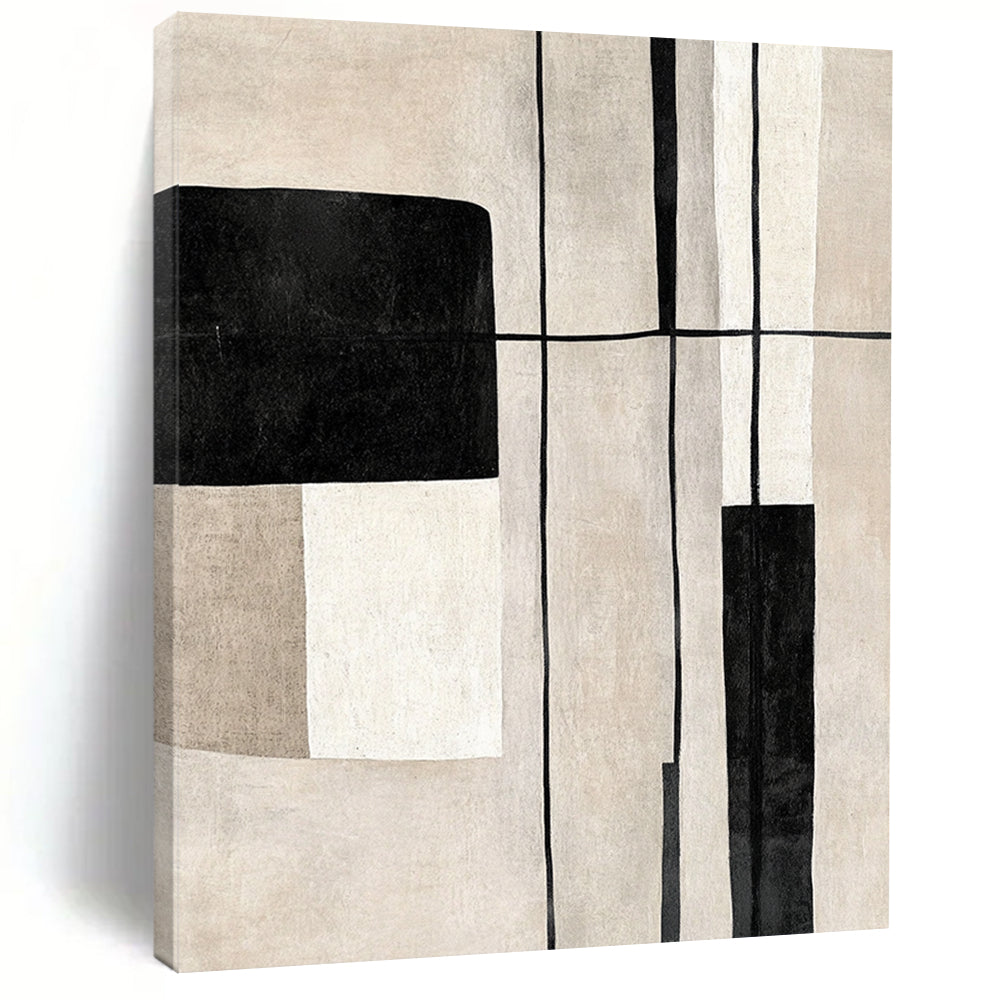 Contemporary hand-painted abstract art featuring geometric shapes in black and white on a soothing beige background with delicate lines. DLZ1322