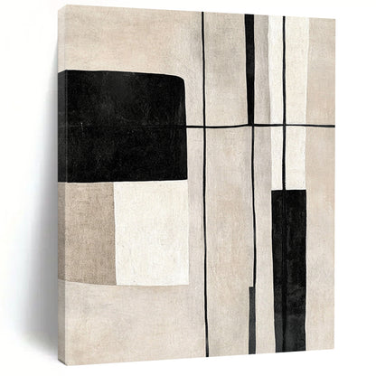 Contemporary hand-painted abstract art featuring geometric shapes in black and white on a soothing beige background with delicate lines. DLZ1322