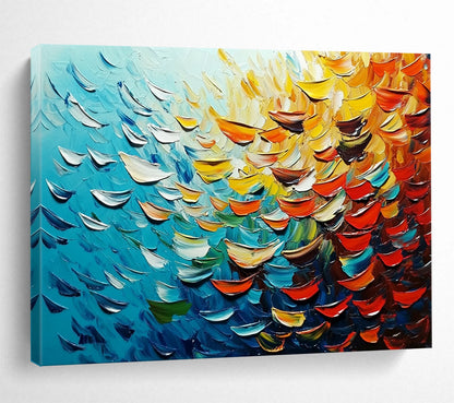 “Textured Ocean Petals” - Blue, yellow, orange, red; Petal - like thick strokes mimic ocean waves; Abstract Impasto Oil Painting On Canvas HB1168