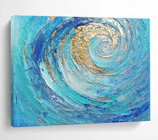 “Golden - Blue Spiral Flow” - Blue, Gold, Spiral Waves Painting On Canvas HB0726