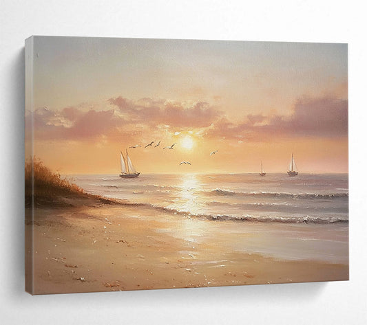 “Serene Sunset Beach” - Oranges, Pinks, Purples, Calm Beach with Sailboats - Realist Oil Painting HB1720
