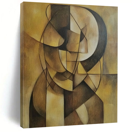 Contemporary hand-painted abstract artwork featuring geometric shapes and earthy tones on a muted yellow background, emphasizing depth and simplicity. DLZ1238