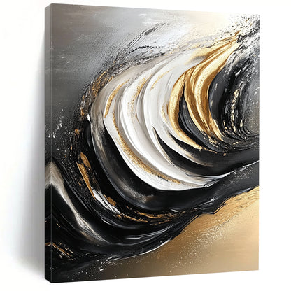 Contemporary hand-painted abstract art featuring flowing grain in black and white with elegant gold accents for a striking visual impact. DLZ0297