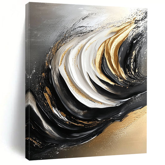 Contemporary hand-painted abstract art featuring flowing grain in black and white with elegant gold accents for a striking visual impact. DLZ0297