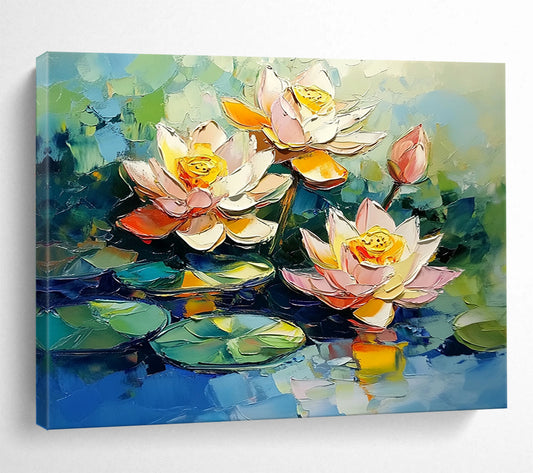 “Impasto Lotus Blossoms” - Pink, White, Yellow, Green, Blue, Thick - textured Lotus Flowers on Water - Impasto Oil Painting HB1766