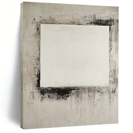 Contemporary hand-painted abstraction featuring a large central white square on a minimalistic canvas with vintage distressed neutral tones. DLZ0536