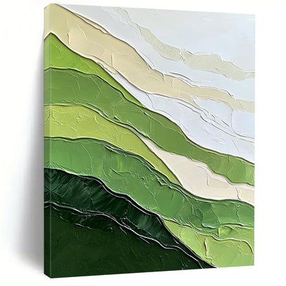 Contemporary hand-painted abstract artwork featuring textured green mountains and minimalist design against a white background evokes tranquility and natural beauty. DLZ0599