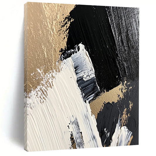 Black, White, Gold, Brush Strokes "Gilded Impasto Energy" Abstract Expressionist Painting On Canvas HB167