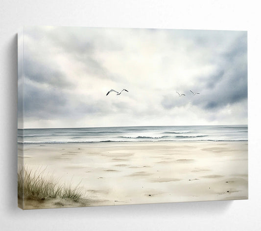 “Seagulls Over Calm Beach” - Gray, White, Serene Seaside Watercolor On Canvas HB0697